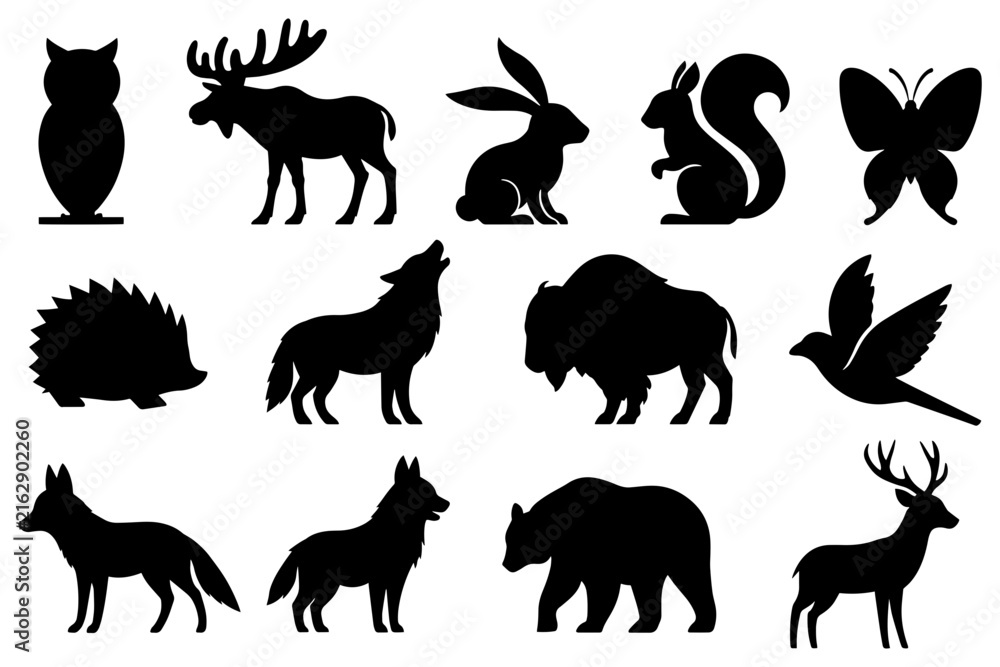 Obraz premium Forest Wildlife Animal Silhouette Collection, Woodland Animal Silhouette Bundle, North American Wildlife Icon Set, Owl, Moose, Wolf, Bear, Fox, Deer, Rabbit, Squirrel, Hedgehog