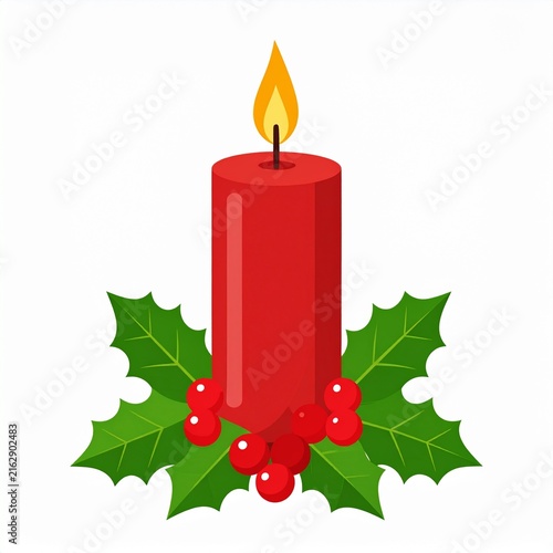 Red burning candle with holly leaves and berries