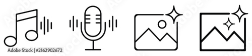 Multimedia and digital content creation line icon set for software