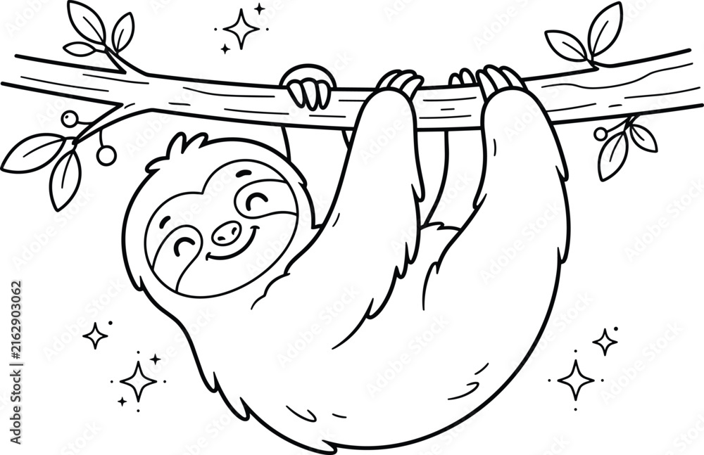 Naklejka premium Cute Coloring Page Featuring a Happy Cartoon Sloth Hanging on a Tree Branch with Leaves and Stars for Kids Activity Books