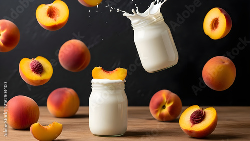 Fresh Peaches and Creamy Yogurt Splash in Glass Jars on Wooden Table Background