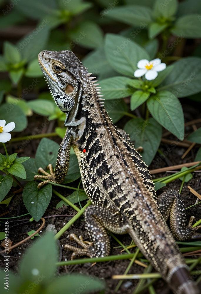 Fototapeta premium Reptile wildlife and biodiversity, spiny lizard in natural habitat with green foliage and white flowers