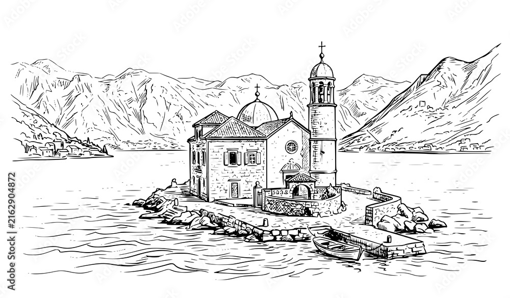 Fototapeta premium Island Church Landscape Sketch, Hand Drawn Vector Illustration of Historic Chapel Bay and Mountain Scenery in Montenegro Style