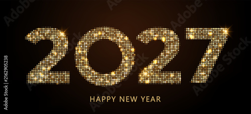 Golden 2027 numbers with sparkling glitter texture on elegant background. New Year celebration design with shimmering gold effect and festive holiday decoration.