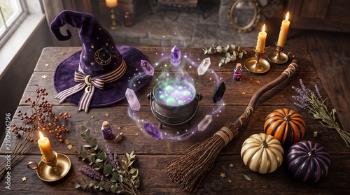 Witch hat and magical cauldron with floating crystals for halloween