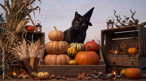 Black cat wearing witch hat sits among autumn pumpkins and lanterns