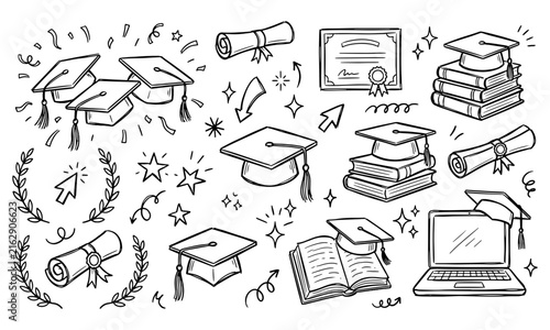 Hand drawn graduation education doodle set vector illustration academic cap diploma certificate books and laptop collection with graduation education academic certificate handdrawn
