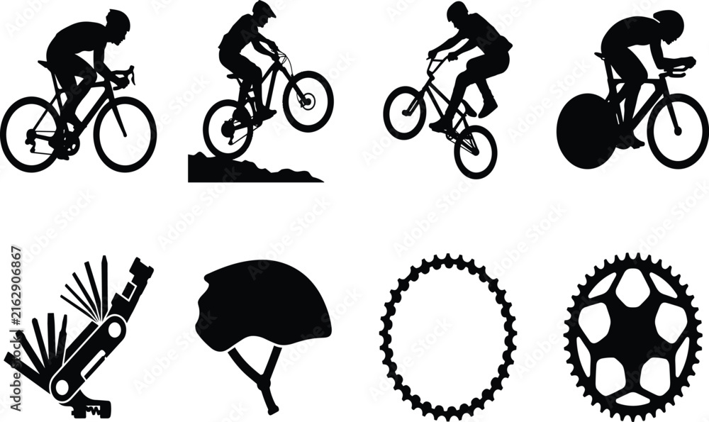 Fototapeta premium Set of cycling silhouettes including cyclists mountain bike helmet multitool and chain vector illustrations