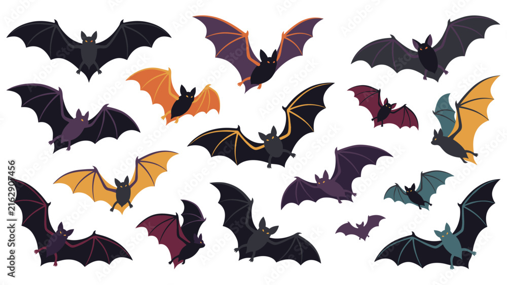 Fototapeta premium Set of flying bats in flat style for halloween holiday designs.