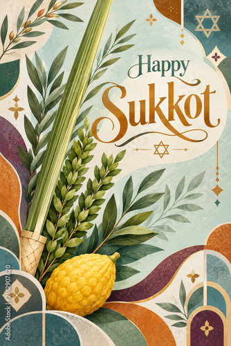 Happy Sukkot Botanical Greeting Poster with Etrog Fruit, Lulav Branches and Elegant Tropical Leaves on Warm Cream Background