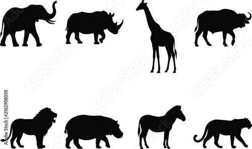 Canvas Print African safari wild animals black vector silhouettes set featuring elephant lion