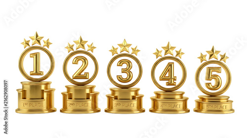 Gold trophy cups for first to fifth place isolated on white isolated on transparent background