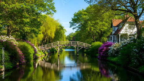 Serene landscape featuring a charming wooden footbridge crossing a tranquil canal surrounded by lush trees and vibrant blooming spring azalea flowers
