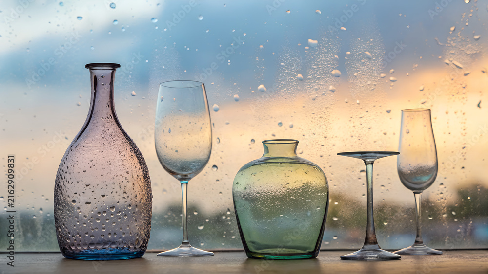 Fototapeta premium Glass bottles and empty wine glasses on a wet window sill with rain drops and blurry urban background at sunset.