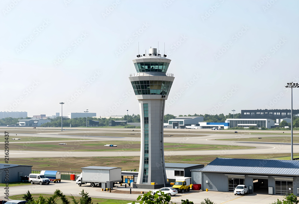 Naklejka premium Air traffic control tower at a modern airport, aviation industry and global travel infrastructure, transportation and logistics