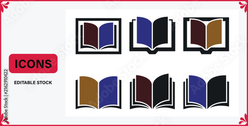 Collection of colorful open book icons and reading symbols set isolated on white background