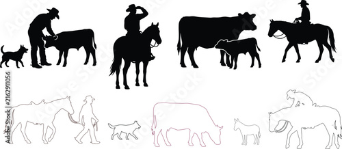 Ranch Animal and Cowboy Silhouette Collection with Horses, Cattle, Dogs, and CalvesRanch Animal and Cowboy Silhouette Collection with Horses, Cattle, Dogs, and Calves