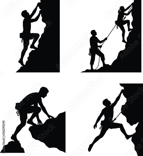 Rock Climbing Silhouette Collection with Climbers Scaling Mountain Walls and Outdoor Adventure Scenes
