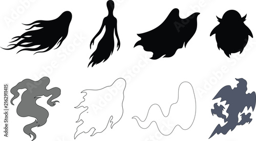 Abstract Ghost Silhouette Collection Featuring Spooky Floating Spirit Shapes for Halloween DesignsAbstract Ghost Silhouette Collection Featuring Spooky Floating Spirit Shapes for Halloween Designs