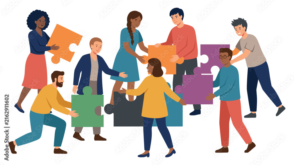 Obraz premium Diverse group of business people connecting large colorful puzzles.