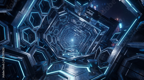 Futuristic dark metallic tunnel with hexagonal structures and glowing blue light strips, ad social media download thambnail poster web template event festival 2026 2027 2028