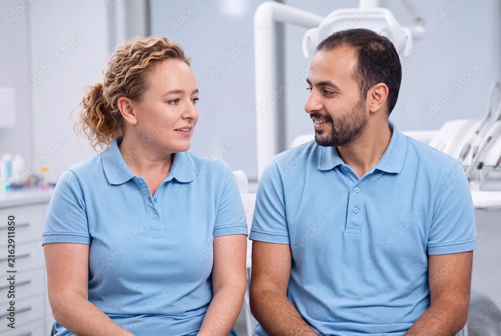 Fototapeta premium Dental team colleagues talking together in modern dentist office