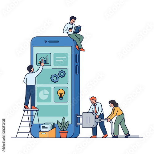 Surreal miniature business team developing and plugging in a giant smartphone, concept of mobile app creation and teamwork