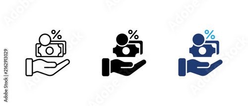 Tax payment icon set, hand holding banknote cash coin percentage symbol linear solid and colored vector illustration