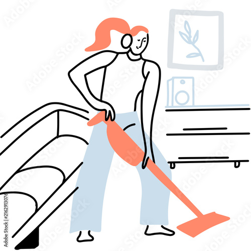 Woman vacuuming. Hand drawn vector line art.
