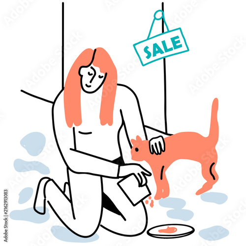 A woman is feeding a stray animal; she's doing a good deed. Hand drawn vector line art.