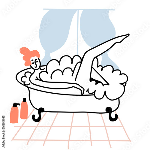 Girl in bathtub with foam. Woman takes bath. Young girl in bathroom relaxes in hot water. Hand drawn vector line art.
