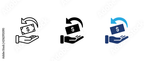 Tax refund icon set, cash back hand holding dollar banknote return arrow linear solid and colored vector illustration