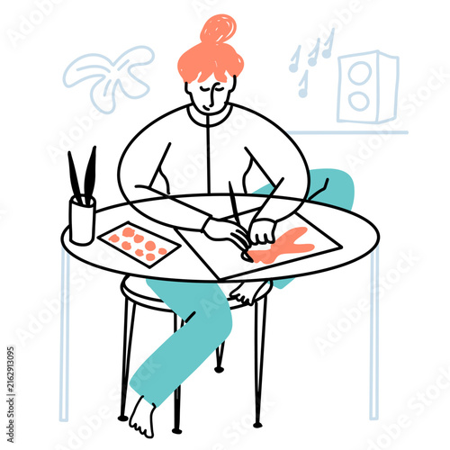 Girl painting, drawing at table, cozy home mood, vibe. Hand drawn vector line art.