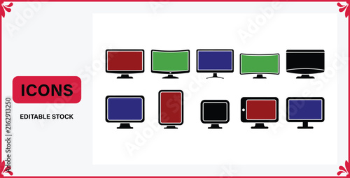 Set of computer monitor screen display device icons vector graphic design with computer, technology