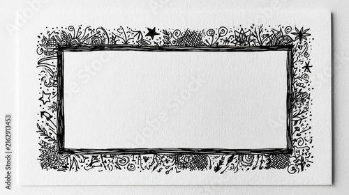 Hand Drawn Decorative Rectangular Frame with Intricate Floral and Star Motifs.