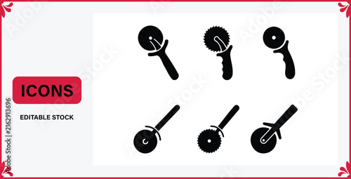 Set of black pizza cutter tool vector icons isolated on white background with fast food, restaurant