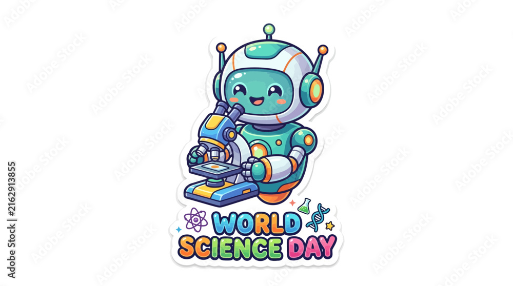 Fototapeta premium Cute Cartoon Robot Character Using Microscope for World Science Day Celebration Vector Sticker