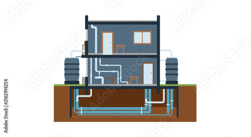Cross-Section Diagram of a Residential House Plumbing System showing Water Supply, Drainage, Underground Pipes, and Storage Tanks Vector Illustration
