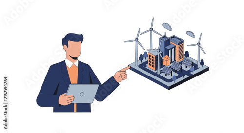Businessman Presenting Sustainable Smart City Model with Renewable Energy, Solar Panels, and Wind Turbines - Eco-Friendly Urban Planning Illustration