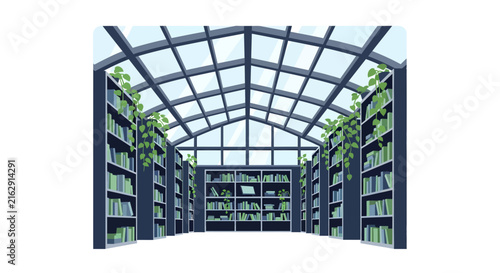 Modern Library Interior with Glass Greenhouse Roof, Bookshelves, and Indoor Plants - Biophilic Architecture Vector Illustration