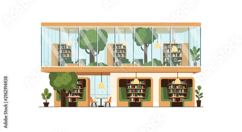 Modern Eco-Friendly Library and Co-working Space Interior Illustration with Indoor Trees, Reading Nooks, and Bookshelves for Sustainable Learning and Education Design