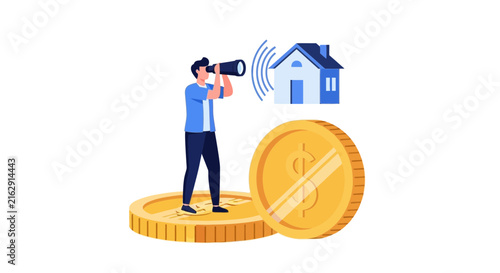 Real Estate Investment Concept with Man Looking Through Telescope for Property on Gold Coins