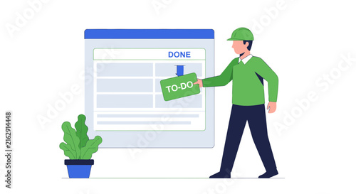 Project Management and Task Tracking Illustration with Worker Character Moving To-Do Card to Done Section for Productivity and Efficiency Concept