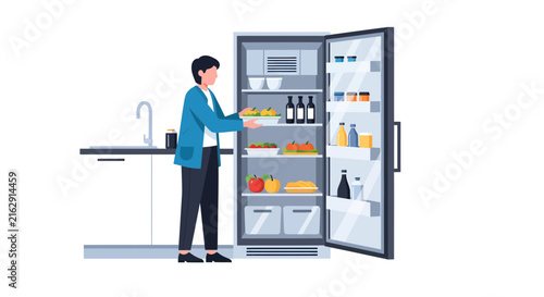 Man Putting Fresh Food and Groceries into an Open Refrigerator in a Modern Kitchen, Healthy Lifestyle and Meal Preparation Concept, Flat Vector Illustration