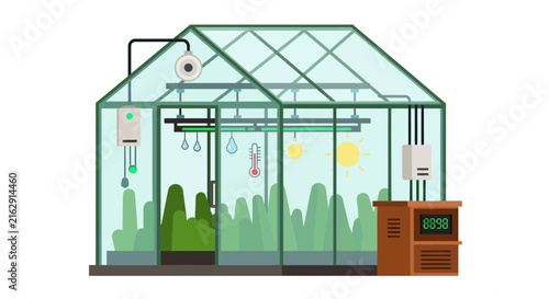 Automated Smart Greenhouse Vector Illustration Featuring IoT Sensors, Climate Control, Irrigation, and Sustainable Farming Technology on White Background
