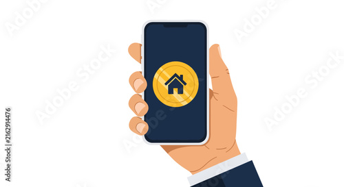 Real Estate Investment App on Smartphone, Hand Holding Mobile Phone with House Icon Concept Vector Illustration