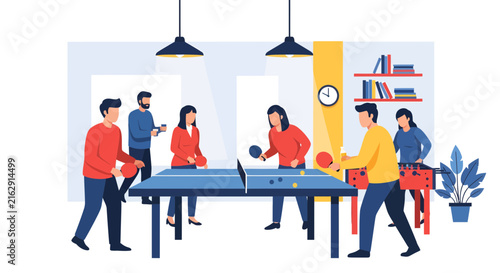 Office Employees Playing Table Tennis and Foosball in Modern Break Room - Flat Vector Illustration of Corporate Recreation and Team Building Culture