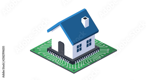 Smart Home Technology Concept: Isometric House on a Green Circuit Board Representing IoT, Home Automation, and Modern Living Connectivity