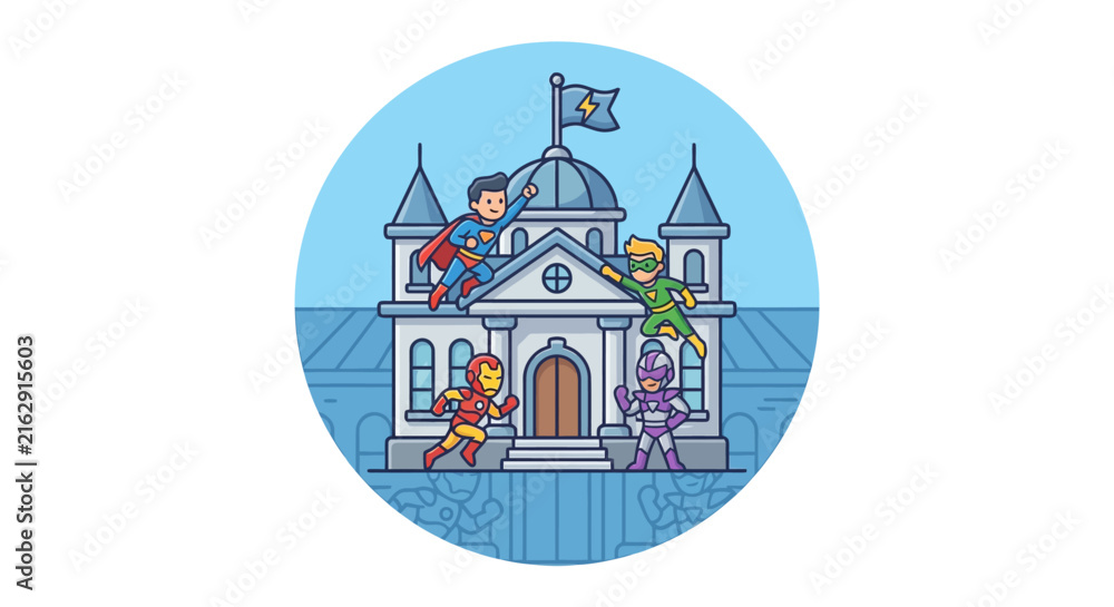 Naklejka premium Cartoon superhero characters standing in front of a blue castle.