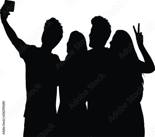 Group of young friends taking a selfie together silhouette vector illustration